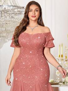 露肩荷叶袖亮片花卉蕾丝撞色网纱荷叶边下摆晚宴长裙、舞会礼服、婚礼宾客礼服、情人节礼服、夏季礼服、生日、返校节、毕业典礼、节日等场合适用 - 藕粉色 - 查看 7