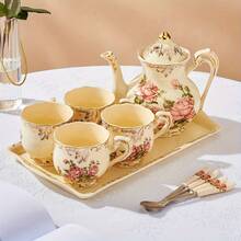 Juego de té de porcelana con rosas vintage, tazas de té con tetera, bandeja de servir y cucharitas, servicio para 4 personas, adecuado para regalos de fiestas de té - Multicolor - Ver 10