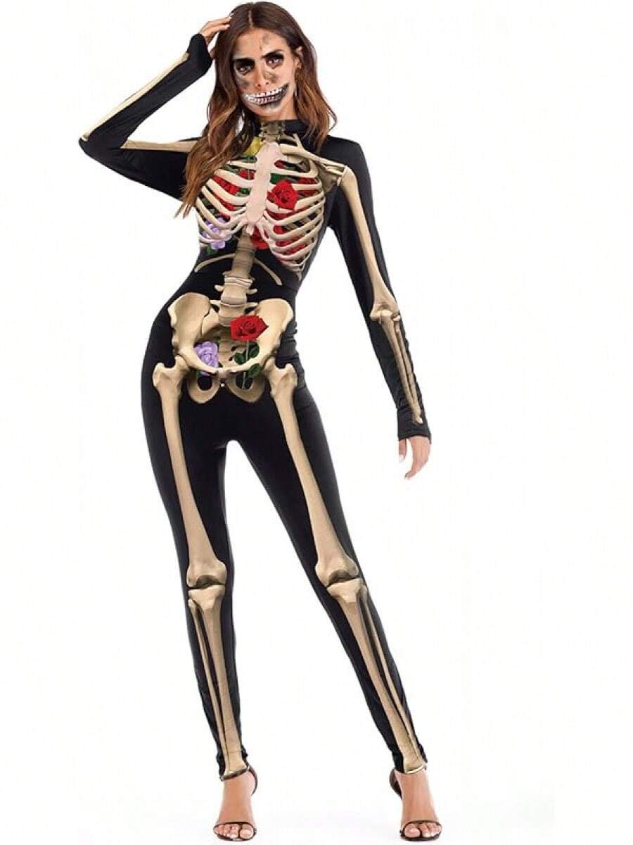 ALBIZIA Women's Skull Skeleton Halloween Costume Jumpsuit Bodysuit Cosplay Bodysuit Outfit - Kiểu-1 - Xem 1