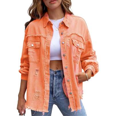 Women's Raw Edge Fringed Denim Jacket Front Button Pockets Small Lapel Designs