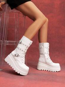 DREAM PAIRS Women's Platform Mid-Calf Boots Cyberpunk Combat Style Multiple Buckle Straps Round Toe Side Zipper Anti-Slip Thick Heel Outdoor Halloween Chunky Heel Party Music Festival Party WHITE Boots - 白色 - 查看 2