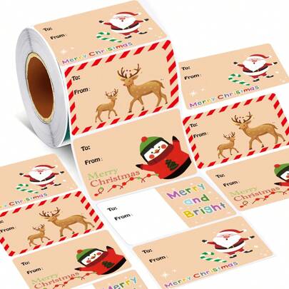 500 pièces/rouleau Étiquettes autocollantes pour cadeaux de Noël 5,08 cm x 3,81 cm, étiquettes de décoration polyvalentes autoadhésives et inscriptibles pour l'emballage de cadeaux de fête, étiquettes autoadhésives générales quotidiennes, multi-styles, décorations de Noël, Noël, artisanat de Noël