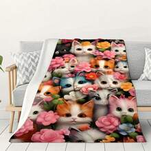 1PC Cute Kitten Patterned Flannel Blanket, Machine Washable, Soft And Comfortable, Lightweight Wool Blanket, Comfortable Air Conditioning Blanket, Home Decoration, Suitable For All Seasons, Christmas And Halloween Friend Gifts, Suitable For Sofas, Beds, Cars, Offices, Camping, Travel, Outdoor, Suitable For Giving To Family And Friends. The Perfect Gift For Sons, Daughters, Grandmothers, Grandfathers, Fathers, Mothers, Uncles, And Aunts
