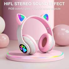 Bluetooth Headphones, Cute Ear Cat Ear LED Light Up Foldable Headphones Stereo Over Ear With Microphone/TF Card Wireless Headphone For IPhone/IPad/Smartphone/Laptop/PC/TV(P)