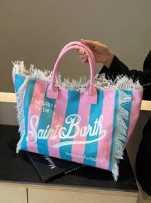 Borsa a tracolla in tela a righe, nuova borsa a frange Dopamine, borsa da pendolare di grande capacità alla moda, stampa a righe casuale