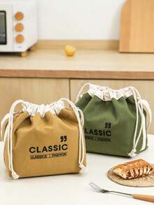 1pc Canvas Insulated Lunch Bag, Drawstring Closure Portable Tote Bag For Work, School, Picnic Lunch Container Lunch Box Picnic Bag For School Holiday Essential Summer Essentials - Multicolor - View 4