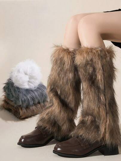 1双Y2K高筒仿毛皮腿套，棕灰色蓬松腿套，千禧年美学，舒适保暖