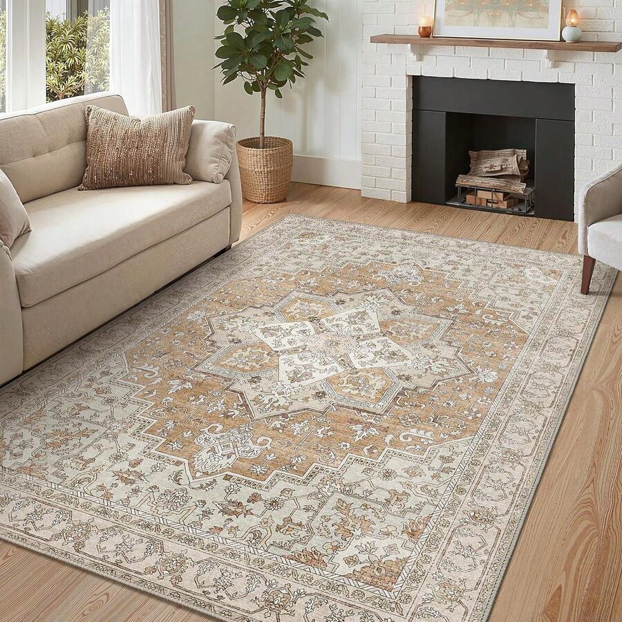 1Pc Area Rugs For Living Room, Machine Washable Non Slip Vintage Rugs, Low Pile Lightweight Print Rug For Bedroom, Dining Room, Home Office, Light Taupe Brown, Low Pile Carpet - Tan - Xem 1