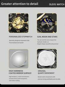 OLEVS. OLEVS 顶级男士手表陀飞轮风格时尚原创石英表 3Bar 防水运动月相表夜光计时码表男士礼物 - 黑色 - 查看 3