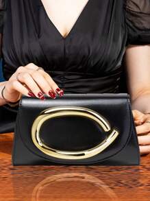 1pc Black Palmprint PU Material Women's Evening Bag, Matching Gold Clutch Decor, Can Be Handheld/Carried/Shoulder/Crossbody, Suitable For Wedding/Party/Prom/Banquet , Gold Bag - Black - View 10