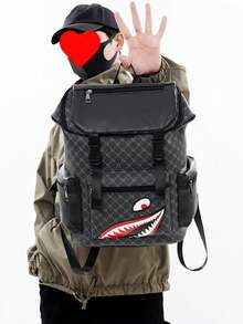 男士背包，复古花卉休闲旅行包，PU皮革翻盖背包，防刮耐用，轻便易携，适合旅行、露营、徒步、上学、大学、青年使用，情人节和返校礼物 - 黑色 - 查看 6