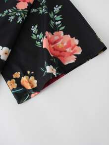 Vintage Floral Print Loose Kimono Cover Up, 3/4 Sleeve, Chinese Style, Lightweight Breathable Fabric, Casual Beach Cover-Up, Summer Fashion Outerwear - Black - View 3