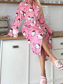 Sanrio 1pc Hello Kitty Plush Fluffy Robe For Women, Cute & Elegant, Warm & Comfortable, Suitable For Autumn/Winter, Fall, Cozy Outfits