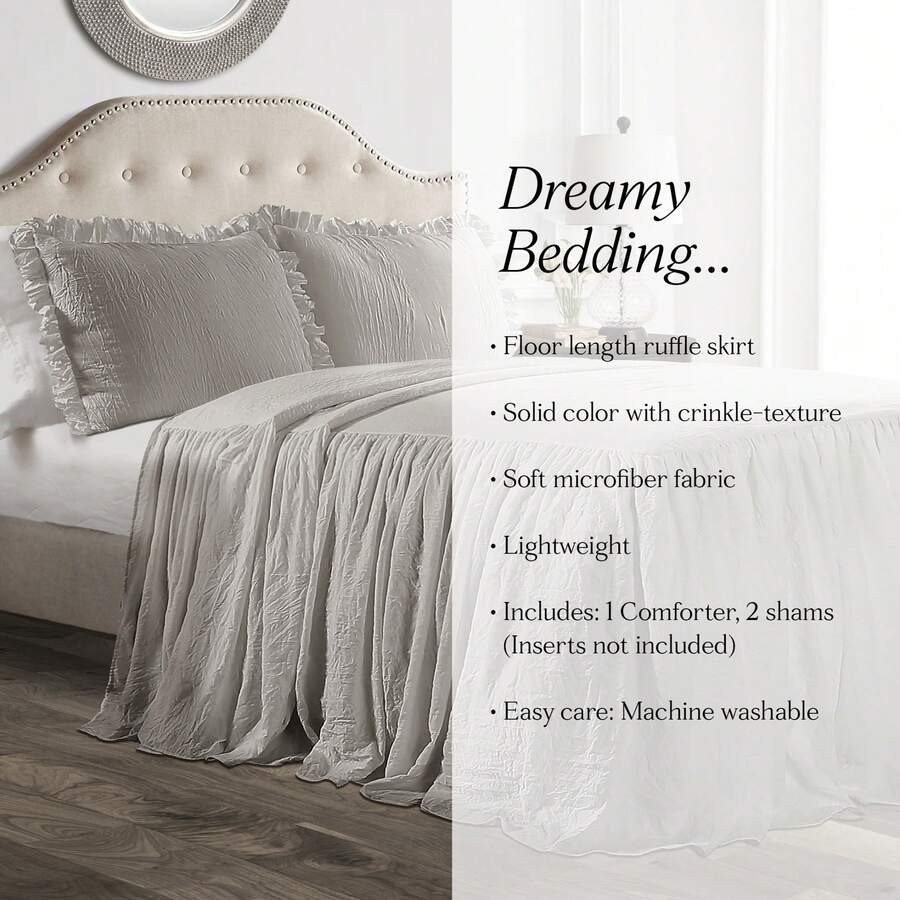 Lush Decor Ruffle Skirt Bedspread 3 Piece Set, Queen, Navy - Blue Queen Bedding - Ruffled Bedspread - Vintage Farmhouse Decor Halloween-Fall Decor-Room Decor - Abu-abu - View 1