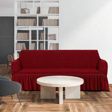 3 Pieza Funda Cubre Sala con Falda Tipo Plumeti Funda de Sofá Lavable Elástica Fácil de Instalar Fundas para Sillones Sala  (1 plaza, 2 plazas, 3 plazas) Decoración Sala Rojo - Burdeos - Ver 3