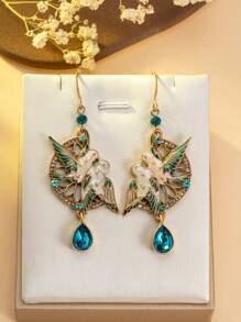 1 Pair Gold-Tone Rhinestone Studded Bird Shaped Earrings, Enamel Coated Vintage Bird Pattern Gemstone Earrings, Luxury Gold-Tone Crystal Bird Earrings - Multicolor - View 2