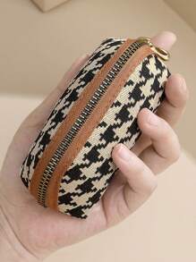 Houndstooth Soft Leather Earphone Pouch Mini Chic Zipper Coin Purse Bucket Lipstick Makeup Bag Multi-Function Handheld Small Bag - Multicolor - View 5