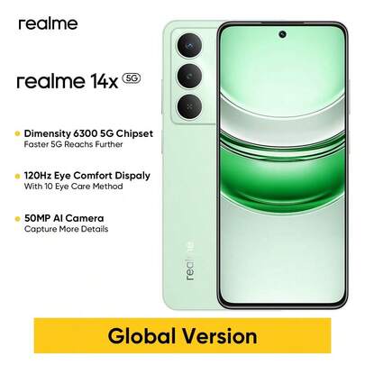 Realme 14X 解锁手机 6GB+128GB / 8GB+256GB 全球版，AI 5G LTE，Andriod 15 智能手机，联发科 Dimensity 6300 处理器手机，5000mAh 大电池，6.67 英寸高清显示屏，质量可靠，无需适配器