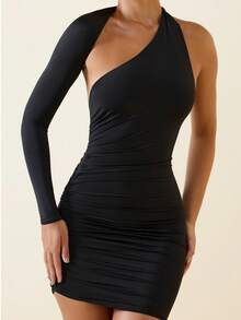 Women's Early Autumn Single Sleeve Fitted Backless Mini Dress