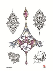 2pcs Fashionable & Cool Temporary Tattoo Stickers, Couple Tattoos, Black Fake Tattoos, One-Time Use, Floral, Chain, Gem, Moon, Mandala, Waterproof & Non-Reflective, Easy To Apply & Remove, Highly Realistic, Suitable For Men & Women On Chest, Leg, Arm, Waist, Abdomen, Foot, Music Festival Party Supplies