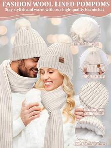 Halloween Decor Winter Beanie Hat Scarf Gloves Set, Fleece Lined Beanie Pom Long Scarf Neck Warmer Touchscreen Gloves Women Men - Beige - View 3