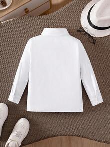 適用於休閒聚會的Tween男孩經典校園風口袋前白色長袖正式襯衫 - 白色 - 查看 2