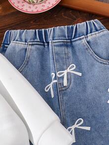 Toddler Bow Decor Warm Crew Neck Sweatshirt And Denim Pants Set - White - View 6