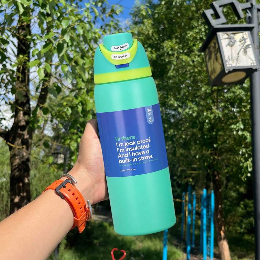 OwaIa(Youth Green) Outdoor Sports Bicycle Ice Bottle, 32oz/945ml Double Vacuum Insulated Outdoor Sports Water Bottle, Stainless Steel Heat-Resistant Ice Water Bottle With Straw, 100% Leak-Proof Outdoor Bicycle Water Bottle, Suitable For Outdoor Camping, Mountaineering, Office Work And Travel -Essential Accessories For Beach/Outdoor Camping - Youthful Green - View 1