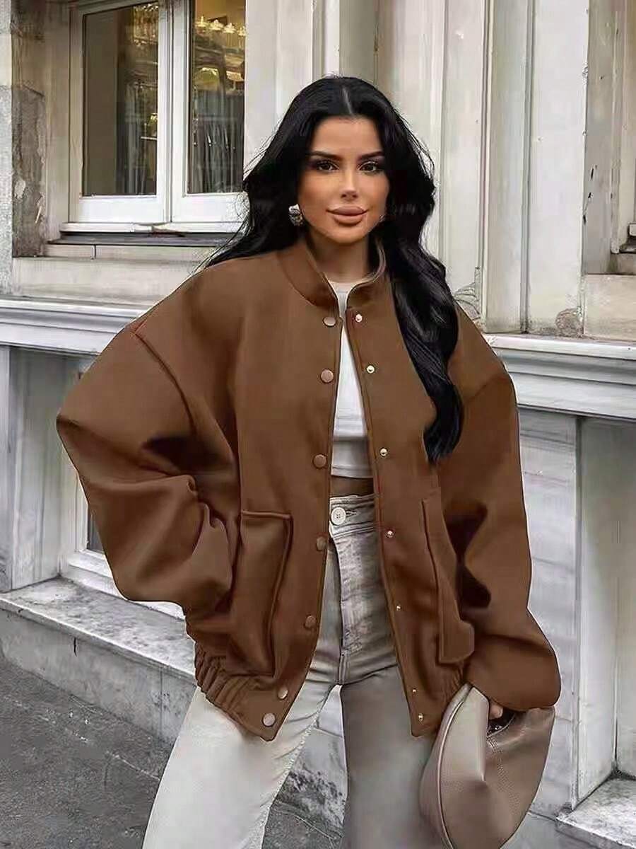 时尚欧美风格女式宽松羊毛混纺夹克，复古风，长袖，立领，大口袋，纯色，短款，秋冬 - 棕色 - 查看 1