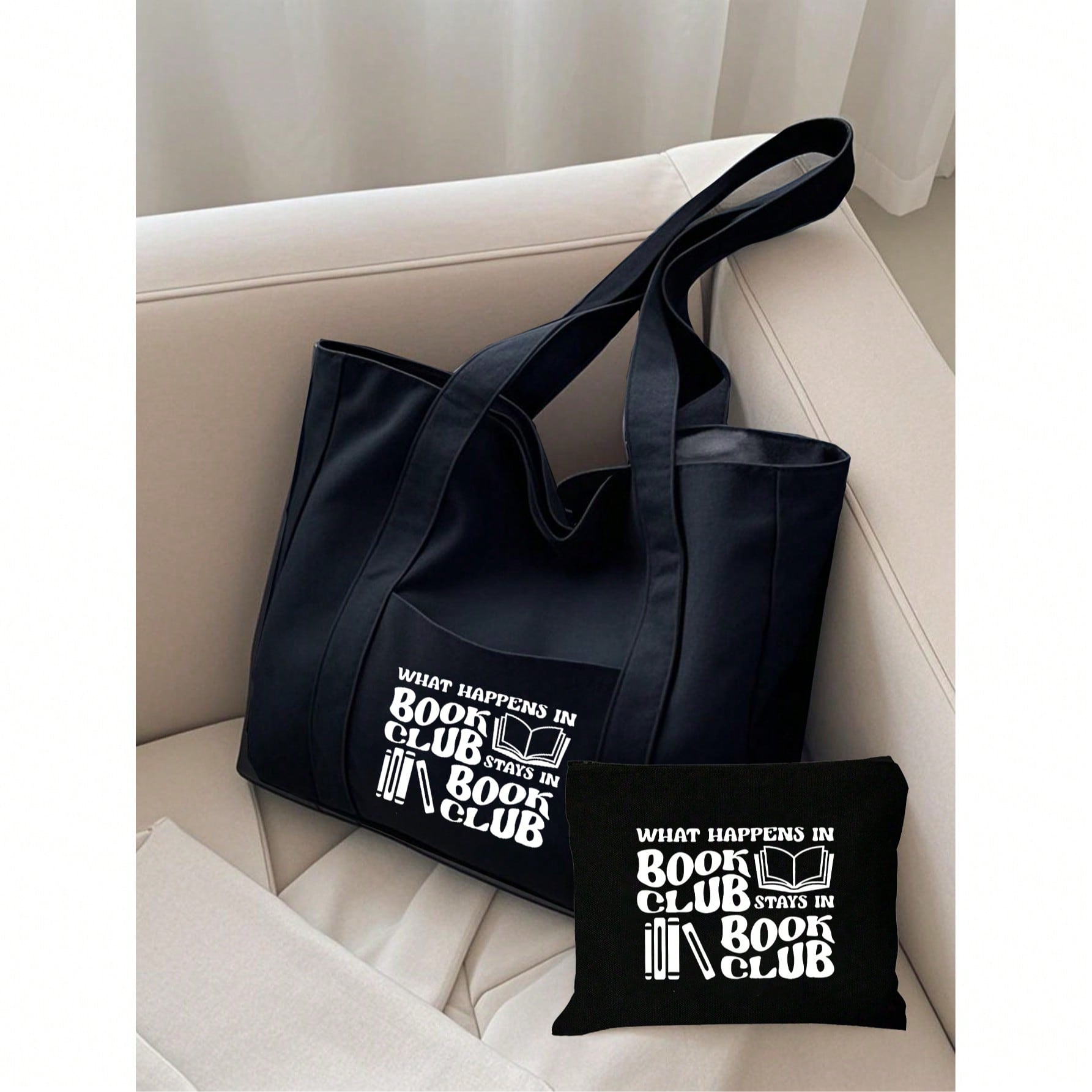 Bolso de tela con bolsa de cosméticos a juego, con estampado de libros y texto "Book Club", bolsa de compras minimalista, de estilo casual beige, bol