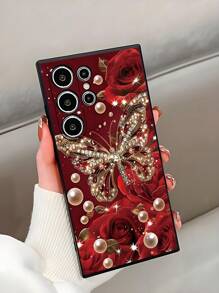 1pc Beautiful Red Rose & Butterfly Pearl Shockproof Anti-Slip Black Phone Case Compatible With Galaxy A04e/A05s/A13/A14/A15/A34/A35/A50/A52/A53/A54/S21/S22/S23/S24/S25/S25Ultra, 2D Image Design