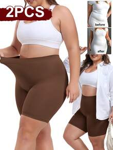 2PCS Plus Size Anti Chafing Slip Shorts Womens Shapewear Mid-Thigh Boyshorts Panties Soft High Waist Shorts Shaping Underwear For Under Dress Or With Tunic - Brown-2 PCS - 查看 1