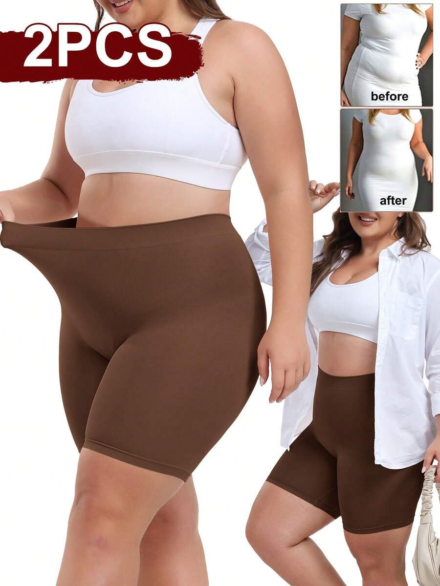 2PCS Plus Size Anti Chafing Slip Shorts Womens Shapewear Mid-Thigh Boyshorts Panties Soft High Waist Shorts Shaping Underwear For Under Dress Or With Tunic - Brown-2 PCS - 查看 1