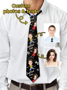 1pc Custom Photo Tie, Personalized "Best Dad Ever" Necktie With Faces & Custom Text, Funny Kids Cartoon Print, Gift From Son & Daughter, Birthday / Christmas Dad Gift