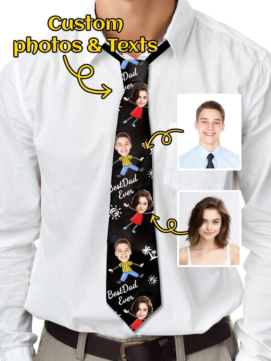 1pc Custom Photo Tie, Personalized "Best Dad Ever" Necktie With Faces & Custom Text, Funny Kids Cartoon Print, Gift From Son & Daughter, Birthday / Christmas Dad Gift