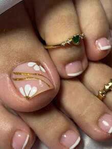 24Pcs Square Toenails Flower Gold Powder White French Tip Press On Nail Short Almonds Perfect Fit Acrylic False Nails Set, Include: 1Jelly Glue And 1 Nail File, Suitable For Women And Girls Daily Life And Party Use Nail Supplies Nails - View 1