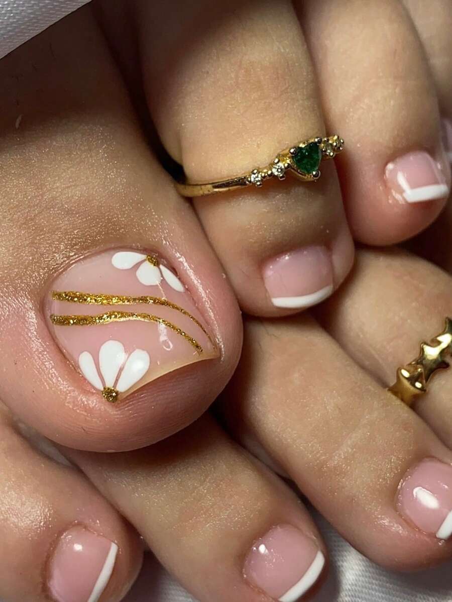 24Pcs Square Toenails Flower Gold Powder White French Tip Press On Nail Short Almonds Perfect Fit Acrylic False Nails Set, Include: 1Jelly Glue And 1 Nail File, Suitable For Women And Girls Daily Life And Party Use Nail Supplies Nails - View 1