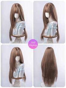 SHUDUO 1 件亚麻棕色合成耐热直发假发，由适合日常佩戴的纤维制成，自然逼真的假发（不含配件）