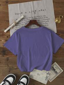 夏季休闲标语印花圆领常规T恤 - 紫羅蘭色 - 查看 2