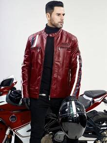 男士 PU 皮夹克，立领拼接设计摩托车夹克，时尚撞色外套 - 酒紅色 - 查看 5