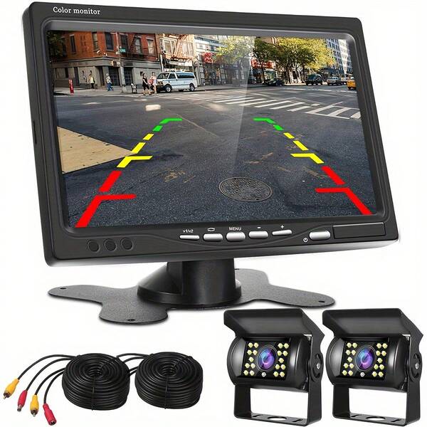 Kit de cámara de visión trasera de 7 pulgadas con 2 cámaras de visión trasera, kit de cámara de visión trasera Podofo con 18 LED IR, visión nocturna IP68, cámara de visión trasera impermeable para camión, RV, autobús, 9 V-35 V