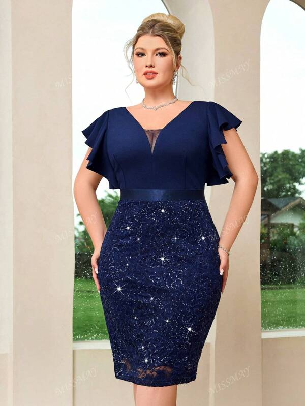 Vestido de cóctel ajustado elegante con cuello en V profundo, mangas con volantes, contraste de lentejuelas, encaje floral en el bajo, para fiesta, boda, trabajo, cumpleaños, graduación, cita a cenar