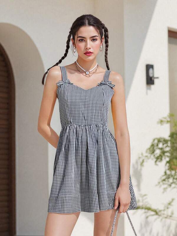 Womens Plaid Print Mini Dress Summer Sleeveless Sweetheart Neck A-Line Dress Short Flowy Dress
