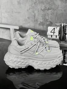 Men's Personalized Grey Patchwork Fashion Versatile Double Shoelace Niche Casual Sports Shoes, Street Style Comfortable Front Lace-Up Couple Running Shoes With Octopus Foot Design - Grey - View 2