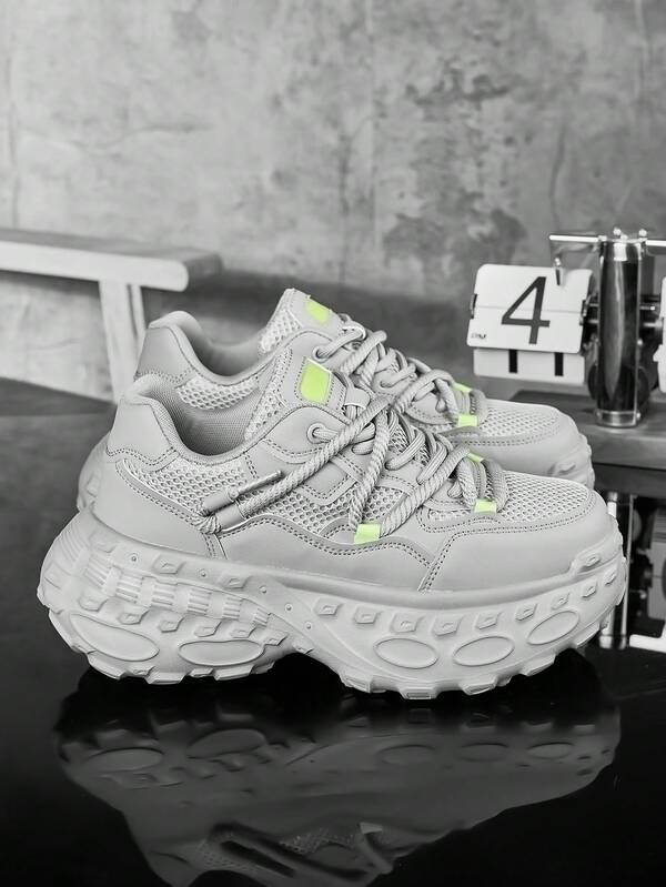 Men's Personalized Grey Patchwork Fashion Versatile Double Shoelace Niche Casual Sports Shoes, Street Style Comfortable Front Lace-Up Couple Running Shoes With Octopus Foot Design