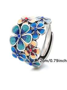 1 pieza Anillo ajustable abierto de estilo bohemio vintage con esmalte cloisonné floral, adecuado para uso diario de mujer, regalo de cumpleaños para familia y amigos (el color hecho a mano puede diferir ligeramente de la imagen) - Plata antigua - Ver 7