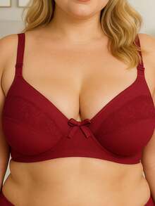 Plus Size Bra Without Reinforced Pads Satin Support - 酒紅色 - 查看 2