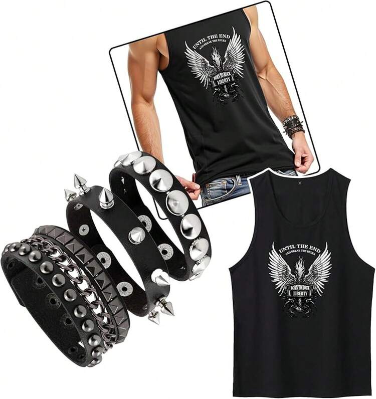 Eigso 3 Pcs Leather Punk Bracelets Men Women Of Rock Rivet Wrap Retro Spike Bracelet Adjustable - Black + Silver 1 - View 1