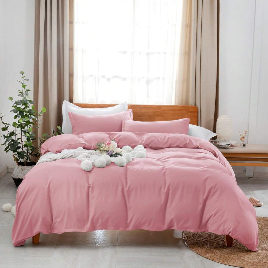 Duvet Cover TWIN Size - Soft Double Brushed King Duvet Cover Set, 3 Piece, With Zipper Closure, 1 Duvet Cover 68x90 Inches And 2 Pillow Shams Comfortable School For Students At The Beginning Of The Term - 粉色 - 查看 1
