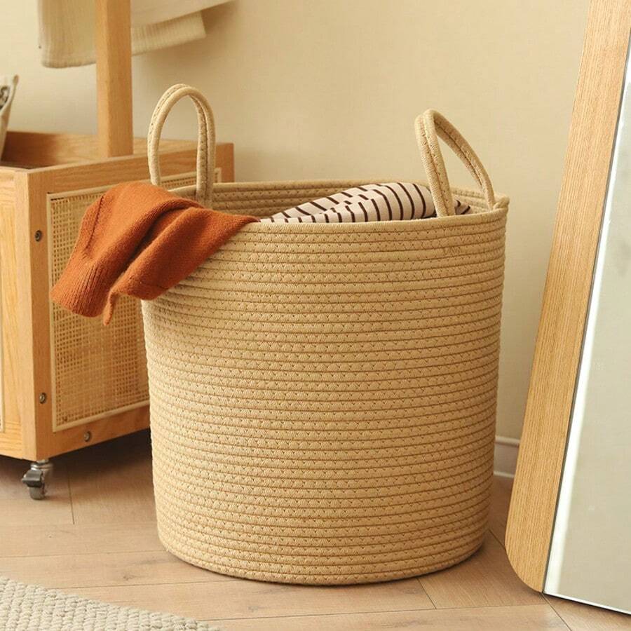 1pc/3pcs Cylindrical Storage Basket, Handwoven With Handle, Suitable For Laundry, Toys, Miscellaneous Items, Gift Baskets, Planter Baskets, Home Decor - White - View 1